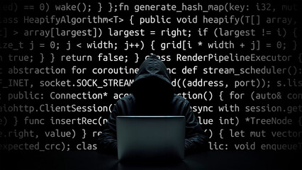 hacker working on laptop on abstract digital background
