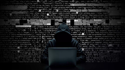 Hacker working on laptop on abstract digital background