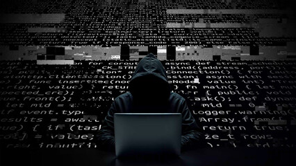 Hacker working on laptop on abstract digital background