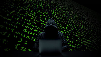 Hacker working on laptop on abstract digital background