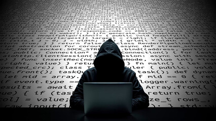 Hacker working on laptop on abstract digital background