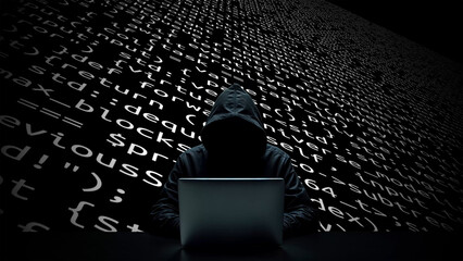 Hacker working on laptop on abstract digital background