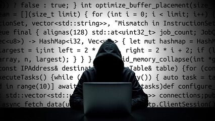 Hacker working on laptop on abstract digital background