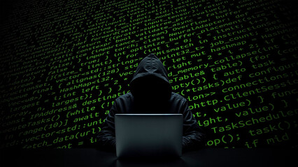 Hacker working on laptop on abstract digital background