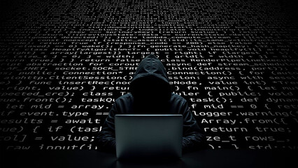 Hacker working on laptop on abstract digital background