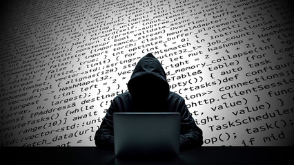 Hacker working on laptop on abstract digital background