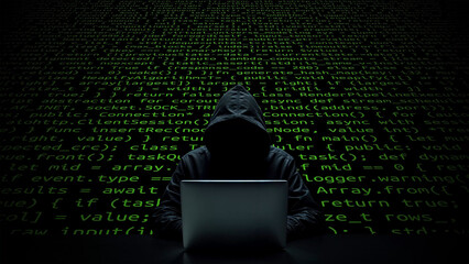 Hacker working on laptop on abstract digital background