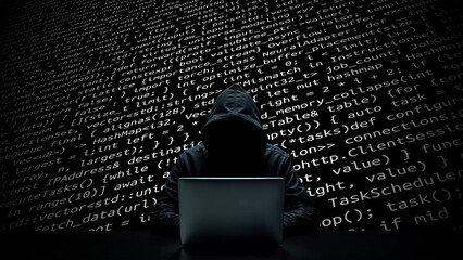 Hacker working on laptop on abstract digital background