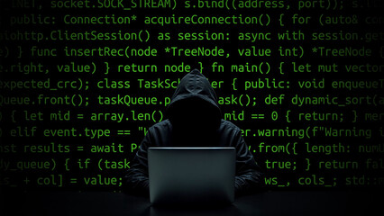 Hacker working on laptop on abstract digital background