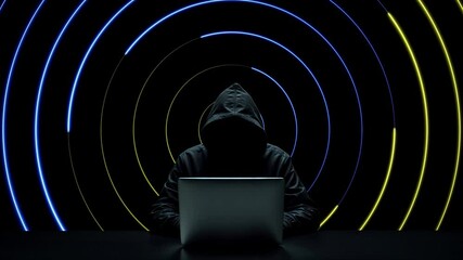 Hacker working on laptop on abstract background