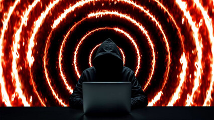 Hacker working on laptop on abstract background