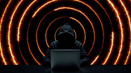 Hacker working on laptop on abstract background