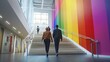 © Tcukimay - Two colleagues ascend a staircase in a modern building with a vibrant rainbow wall.