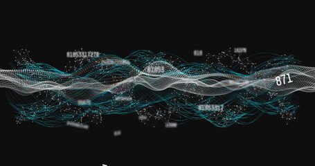 Wall Mural - image of dna strand, light trails and data processing over black background