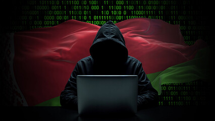 Belarus flag - 3D realistic waving flag on matrix digital background with binary code