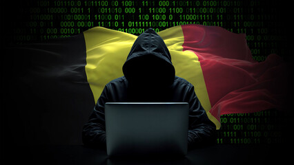 belgium flag - 3d realistic waving flag on matrix digital background with binary code