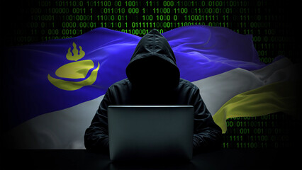 Buryatia flag - 3D realistic waving flag on matrix digital background with binary code