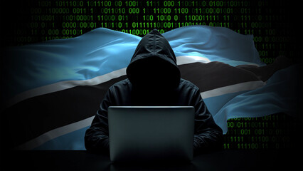 Botswana flag - 3D realistic waving flag on matrix digital background with binary code