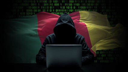 Cameroon flag - 3D realistic waving flag on matrix digital background with binary code