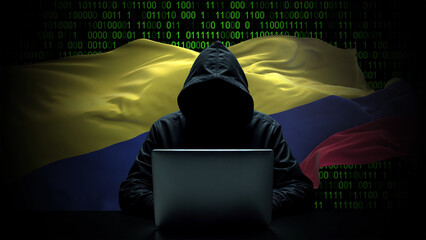 colombia flag - 3d realistic waving flag on matrix digital background with binary code
