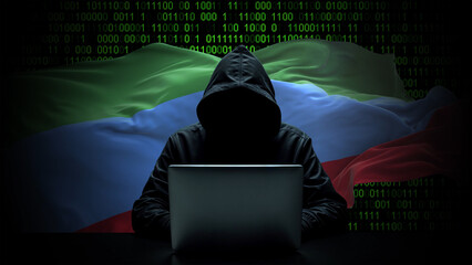 Dagestan flag - 3D realistic waving flag on matrix digital background with binary code