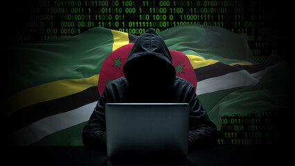 Dominica flag - 3D realistic waving flag on matrix digital background with binary code