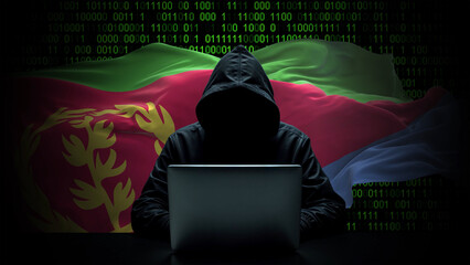 eritrea flag - 3d realistic waving flag on matrix digital background with binary code