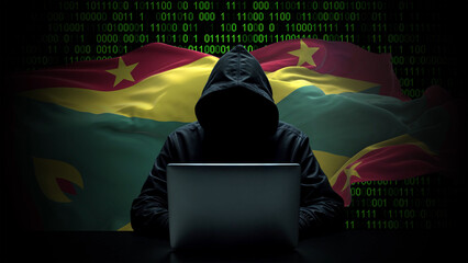 Grenada flag - 3D realistic waving flag on matrix digital background with binary code