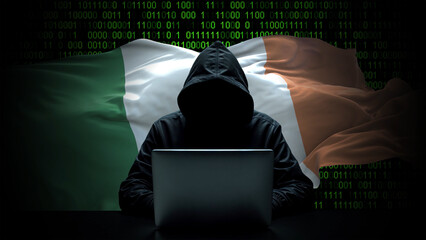 Ireland flag - 3D realistic waving flag on matrix digital background with binary code
