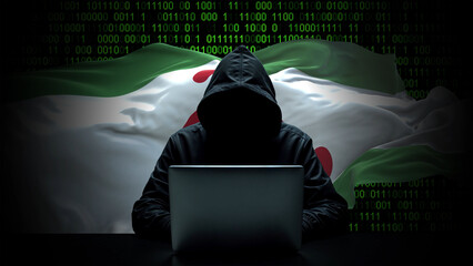 Ingushetia flag - 3D realistic waving flag on matrix digital background with binary code