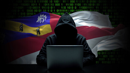 Herm flag - 3D realistic waving flag on matrix digital background with binary code