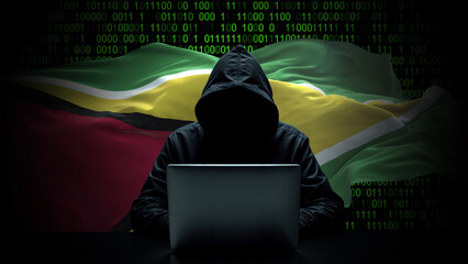 Guyana flag - 3D realistic waving flag on matrix digital background with binary code