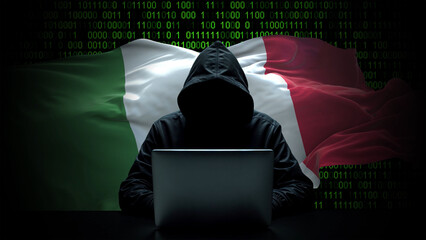 italy flag - 3d realistic waving flag on matrix digital background with binary code