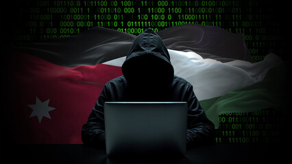 Jordan flag - 3D realistic waving flag on matrix digital background with binary code