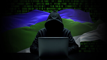 Komi flag - 3D realistic waving flag on matrix digital background with binary code