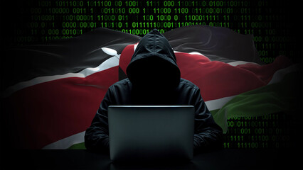 Kenya flag - 3D realistic waving flag on matrix digital background with binary code