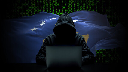 Kosovo flag - 3D realistic waving flag on matrix digital background with binary code
