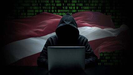 Latvia flag - 3D realistic waving flag on matrix digital background with binary code