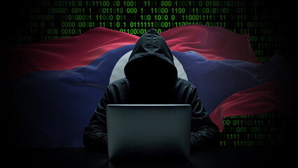 Laos flag - 3D realistic waving flag on matrix digital background with binary code