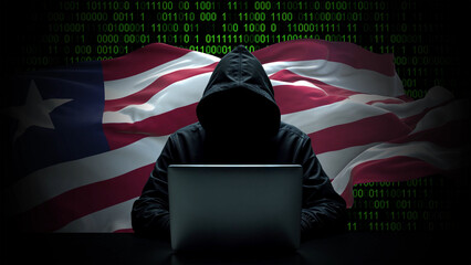 Liberia flag - 3D realistic waving flag on matrix digital background with binary code