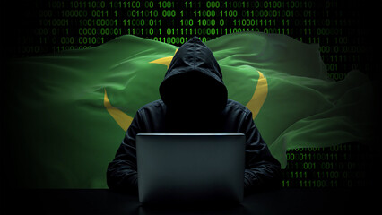 Mauritania flag - 3D realistic waving flag on matrix digital background with binary code