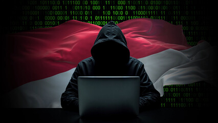 Monaco flag - 3D realistic waving flag on matrix digital background with binary code