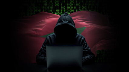 morocco flag - 3d realistic waving flag on matrix digital background with binary code