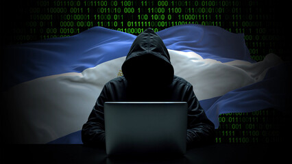 Nicaragua flag - 3D realistic waving flag on matrix digital background with binary code