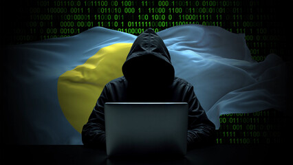 Palau flag - 3D realistic waving flag on matrix digital background with binary code