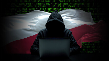 Poland flag - 3D realistic waving flag on matrix digital background with binary code