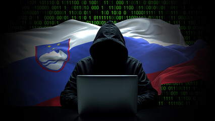 Slovenia flag - 3D realistic waving flag on matrix digital background with binary code