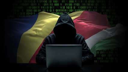 Seychelles flag - 3D realistic waving flag on matrix digital background with binary code