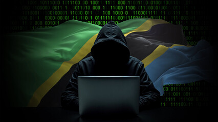 Tanzania flag - 3D realistic waving flag on matrix digital background with binary code