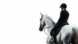 Silhouette of a male equestrian in a black suit and helmet riding a white horse on a stark white background, creating a dramatic and elegant scene.